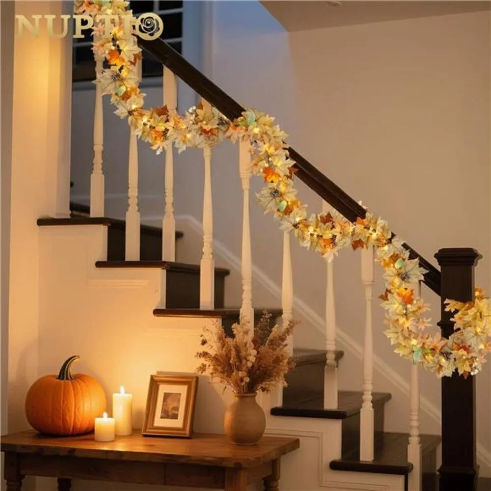 Fall Leaves Garland with Lights: 6Ft Autumn Maple Leaf Garlands